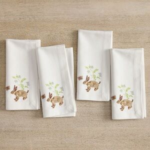 Pottery Barn Embroidered Bunny 🐰 Cotton Napkins Set Of 4 BNWT